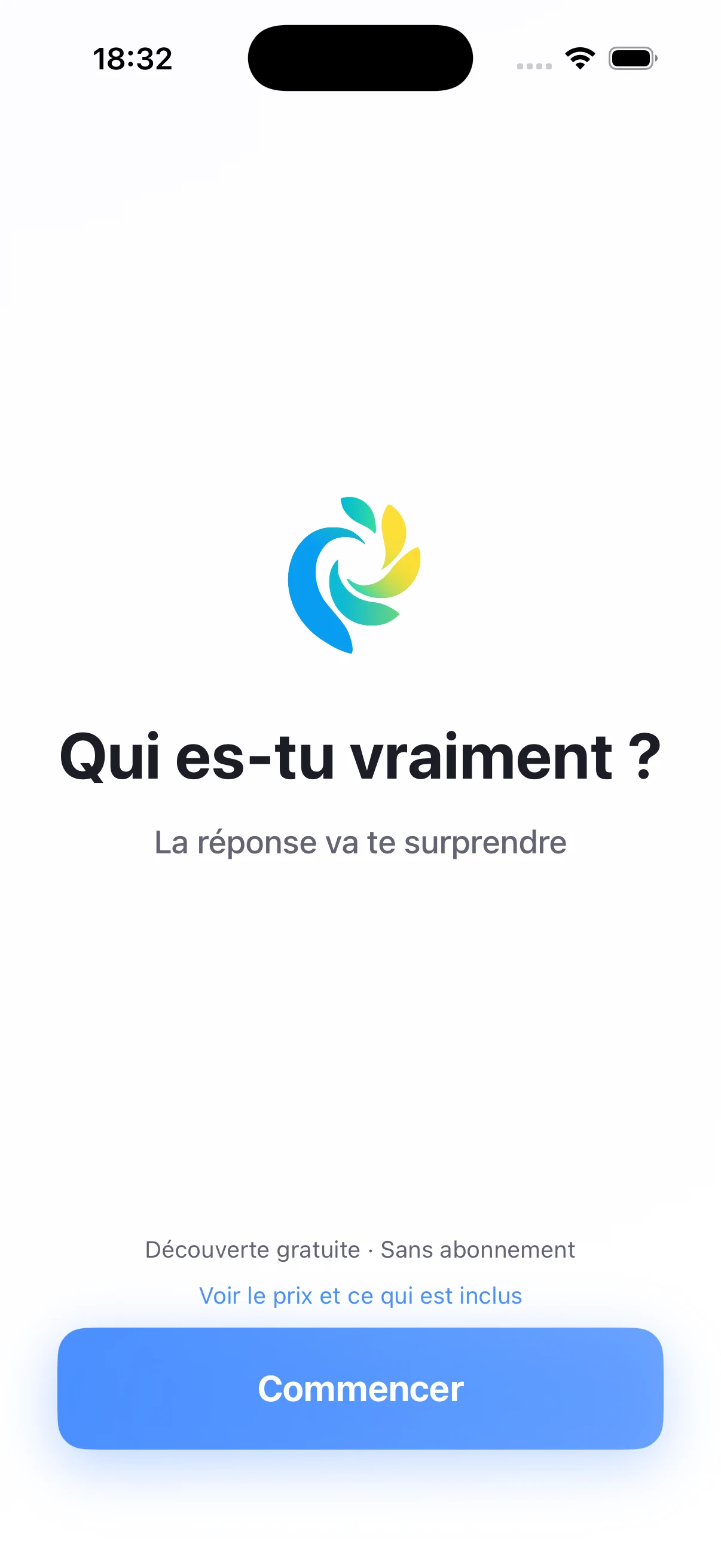 Écran d’accueil de Nelby sur iPhone : Qui es-tu vraiment ? Bouton Commencer.